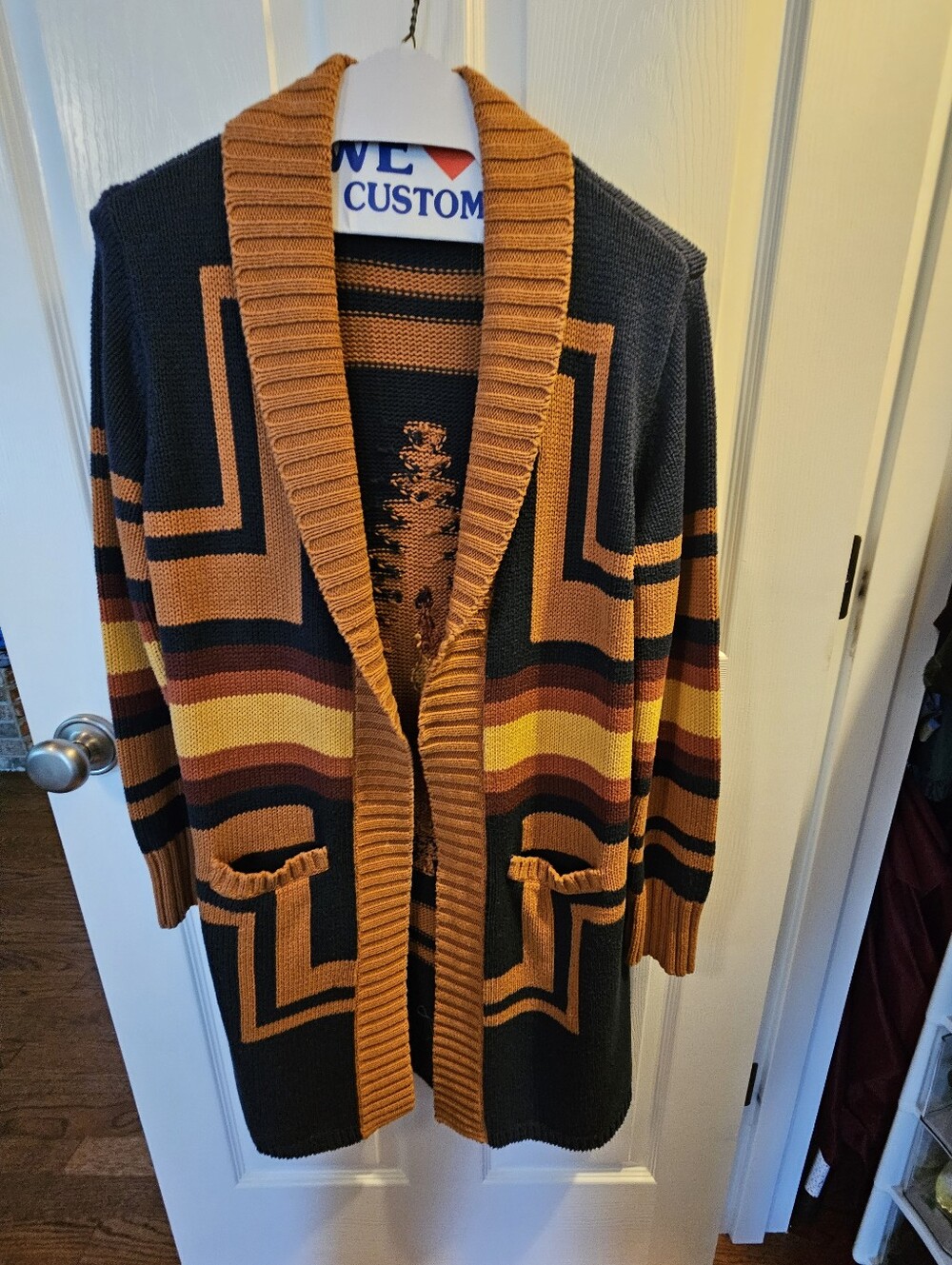 Womens Pendleton Shawl Collar Cardigan in Mustard, Navy Blue & Brown - Picture 2 of 6